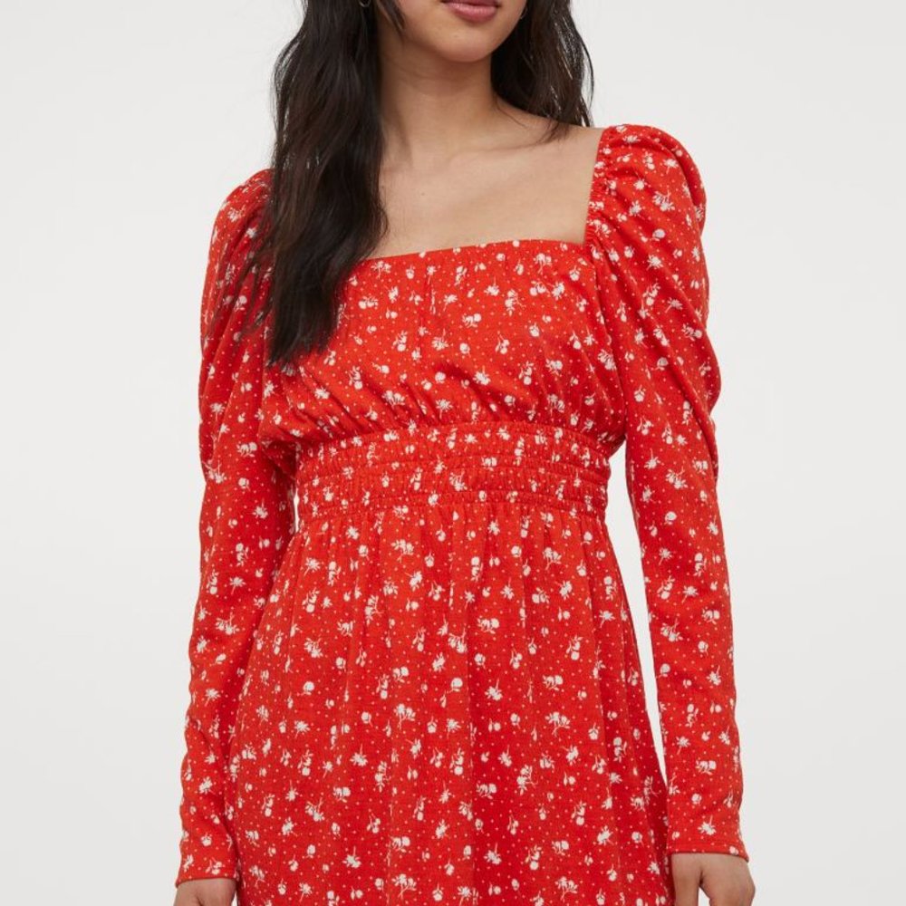 H&M Red Floral Short Puff-Sleeved Dress